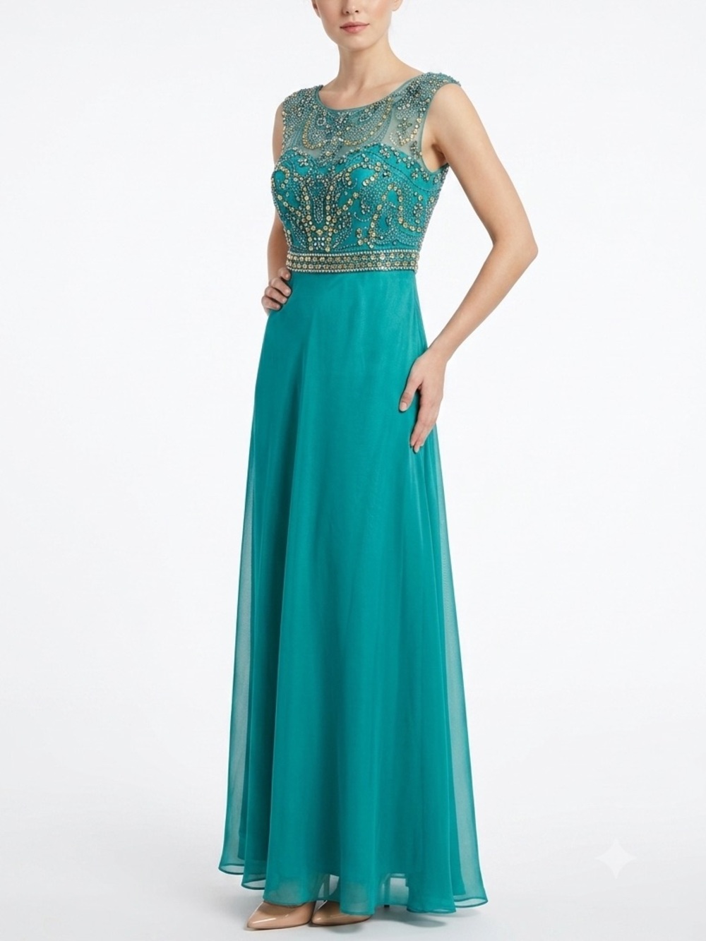 Dave & Johnny Teal Beaded Illusion Neck Maxi Gown